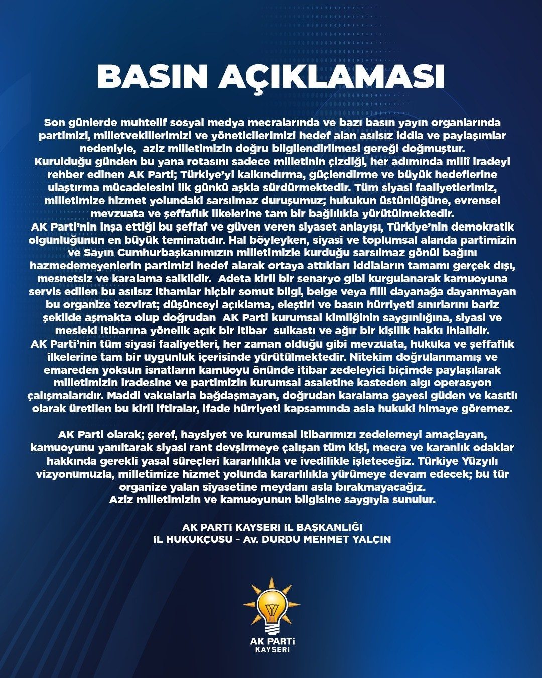 AK Parti Kayseri İl Başkanlığı İl Hukukçusu Av. Durdu Mehmet