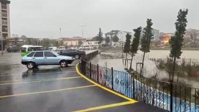 Arnavutköy’de bulunan Alibey Deresi yağmur nedeniyle taşarken, dolmuş yolda mahsur