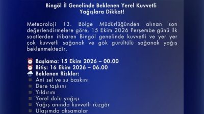 Meteoroloji 13. Bölge Müdürlüğü, Bingöl için kuvvetli sağanak yağış uyarısı