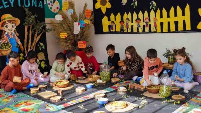 Diyarbakır Büyükşehir Belediyesinin düzenlediği zeytin kırma etkinliğine katılan çocuklar, geleneksel