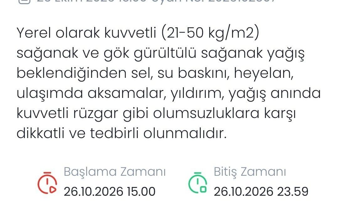 Meteoroloji Genel Müdürlüğü, Denizli geneli için kuvvetli sağanak ve gök