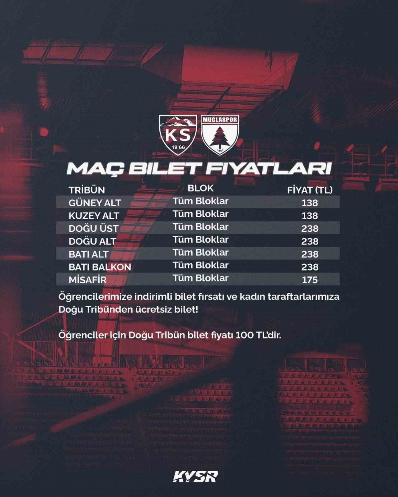 TFF 1. Lig’de Kayserispor ile Muğlaspor arasında oynanacak müsabakanın bilet