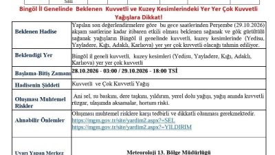 Meteoroloji 13. Bölge Müdürlüğü, Bingöl için kuvvetli yağış uyarısı yaptı.