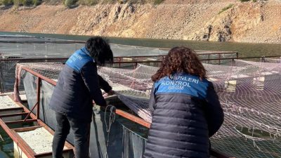 Ordu’nun Mesudiye ilçesindeki Topçam Baraj Gölü’nde kafeslerde alabalık üretimi yapan