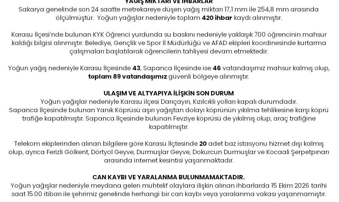 Sakarya Valiliği, kent genelinde gece saatlerinden beri etkili olan şiddetli