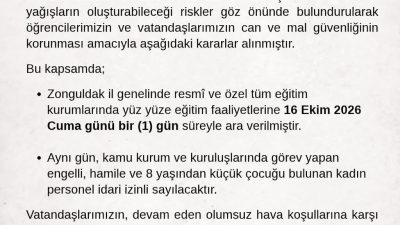 Zonguldak Valiliği, kentte devam eden kuvvetli yağışlar nedeniyle 16 Ekim